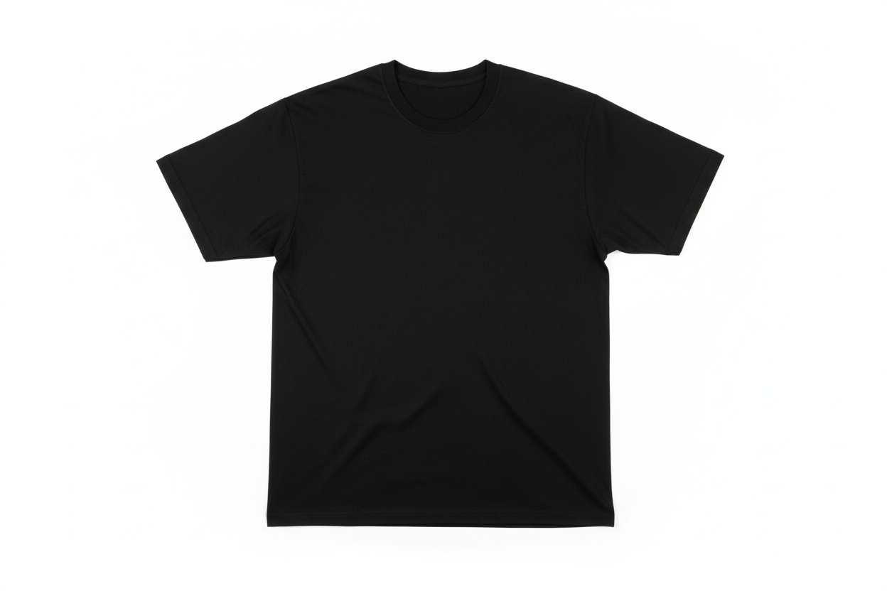 A plain black t-shirt on a white background